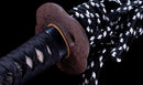 Katana Antica Giapponese con Koshirae in Lacca Nera e Tsuba in Ferro con Motivo a Piuma firmata Chikushi Tadamasa - Hozon